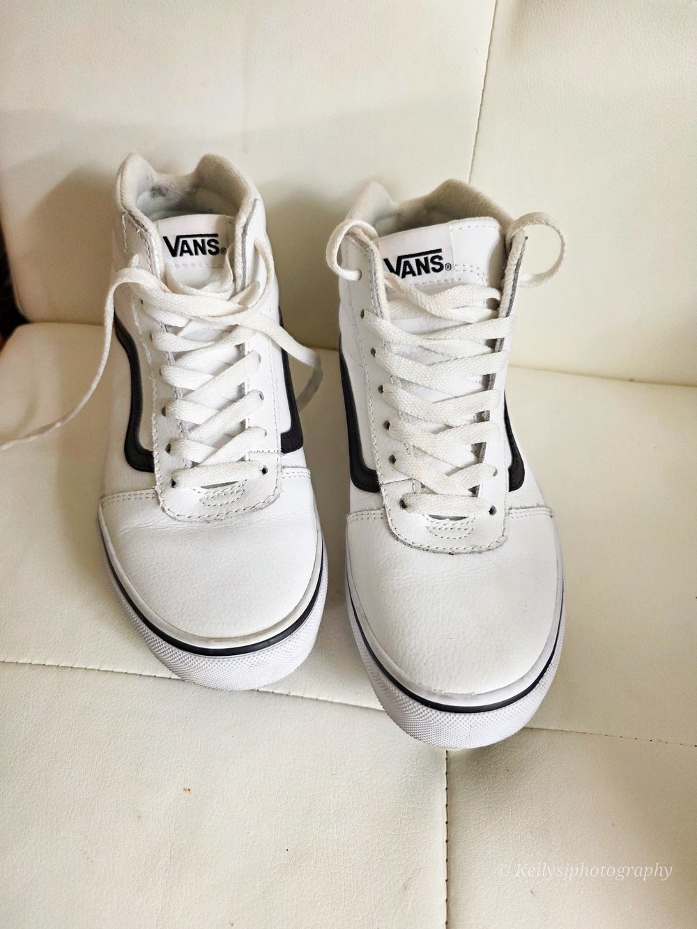 Vans White High-Top Sneakers with Black Side Stripe